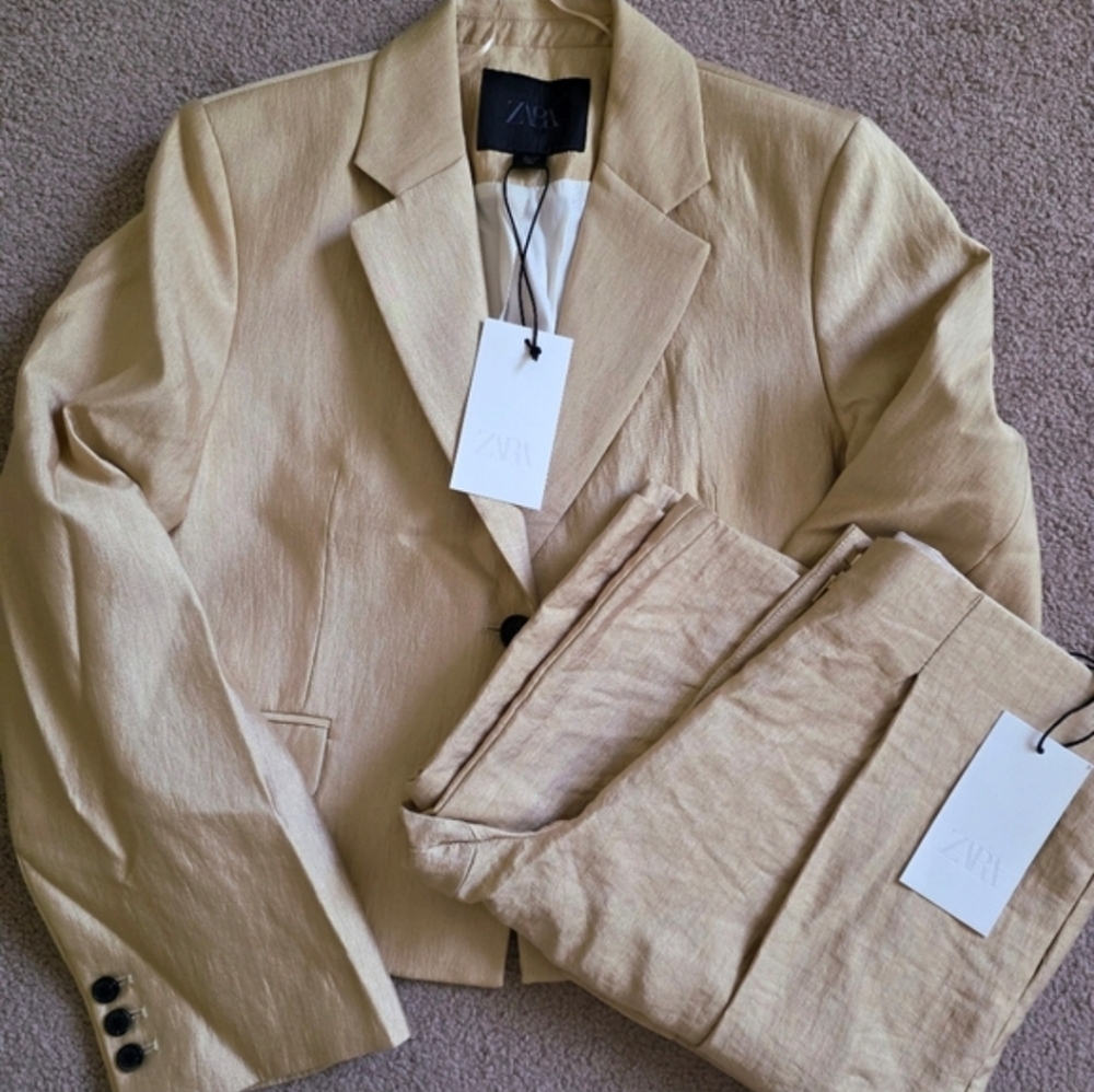 ZARA SET 2 pc METALLIC BLAZER JACKET AND WIDE PANTS GOLD SIZE S/M - Picture 13 of 13